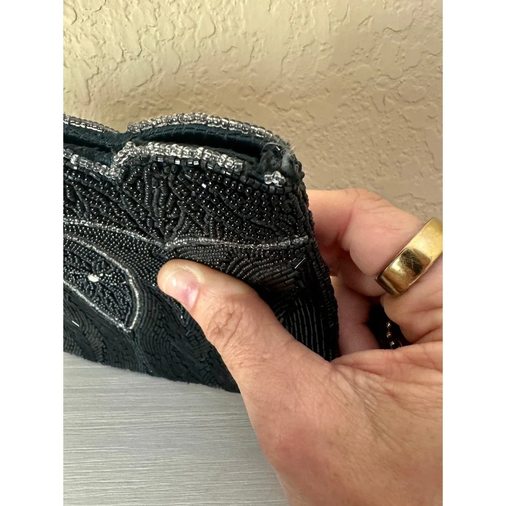 Vintage Black Beaded Clutch Evening Bag Art Deco Style Handbag Scalloped Floral - Picture 5 of 8